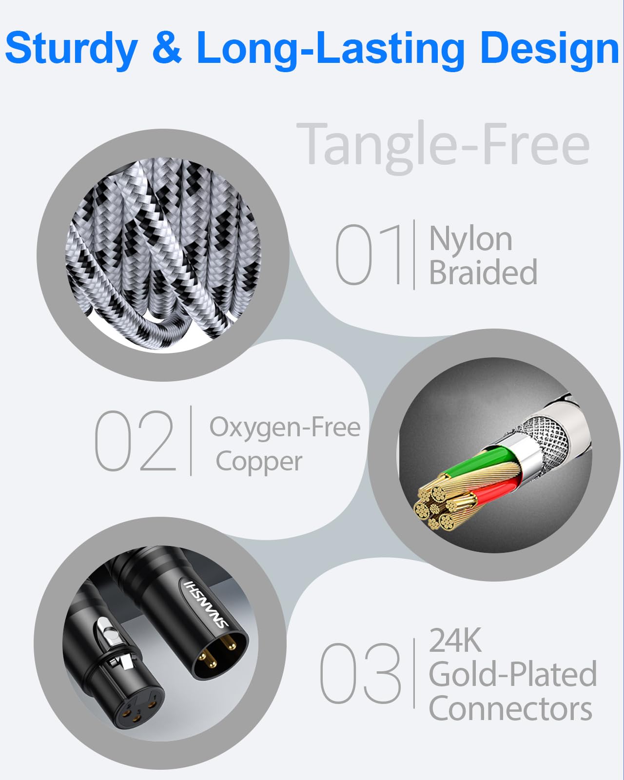 SNANSHI Cables XLR, 100 pies, cable de micrófono XLR equilibrado con cobre libre de oxígeno, doble blindaje, conectores chapados en oro y cubierta trenzada de nailon para micrófonos, mezcladores e