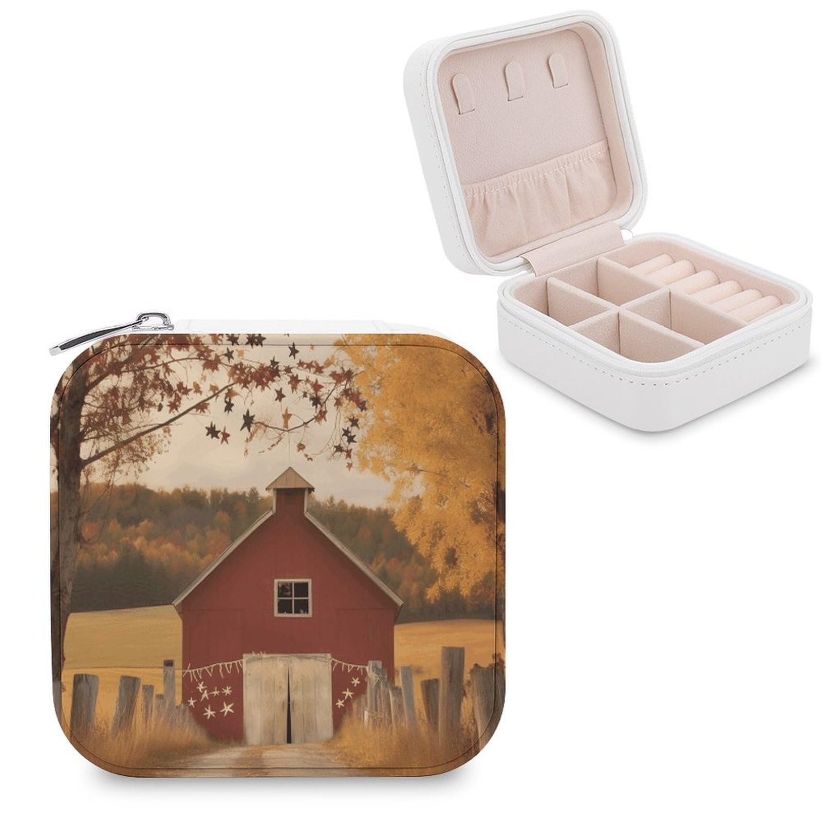 FekiLoot Fall Country Barn Jewelry Case Personalized Leather Jewelry Box Mini Travel Jewelry Case Small Portable Jewelry Organizer for Ring Earrings Necklace Bracelet