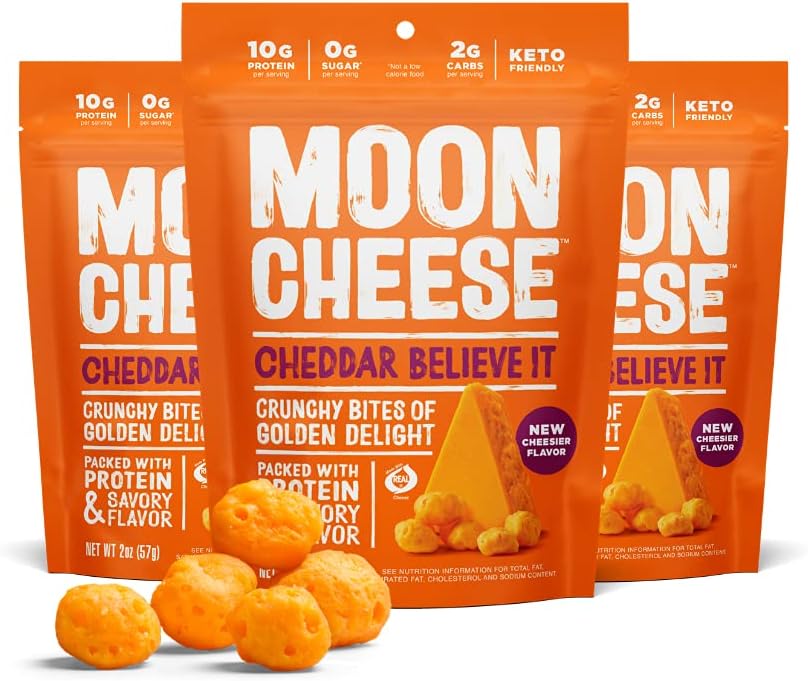 Moon Cheese Cheddar Believe It, 2 Ounce, 3-Pack, Crunchy, Protein-Rich Cheese Snack, Keto Friendly, 100% Real Cheese