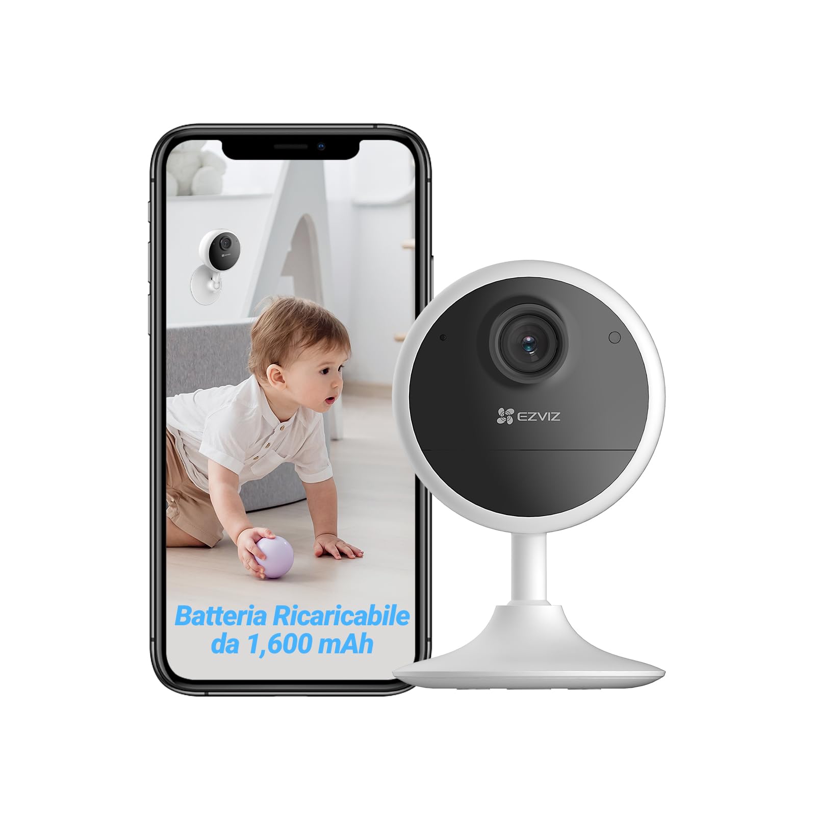 EZVIZ Telecamera di sorveglianza WiFi interna con batteria, Camera di sicurezza IP 1080P, Rilevamento di persone, Audio bidirezionale, Supporto di schede fino a 512GB, Compatibile con Alexa, CB1