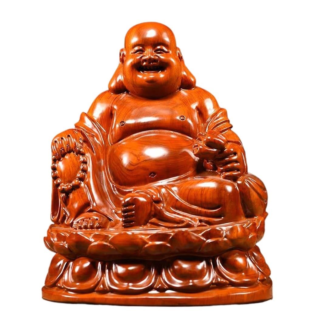 Dekoracja pulpitu Drewniana statuetka Buddy Ozdoby Siedzący Lotos Uśmiechnięty Budda Rzeźby z litego drewna Dom Salon Mahoń Rzemiosło Rzeźby Wystrój Domu(19,68 cala)