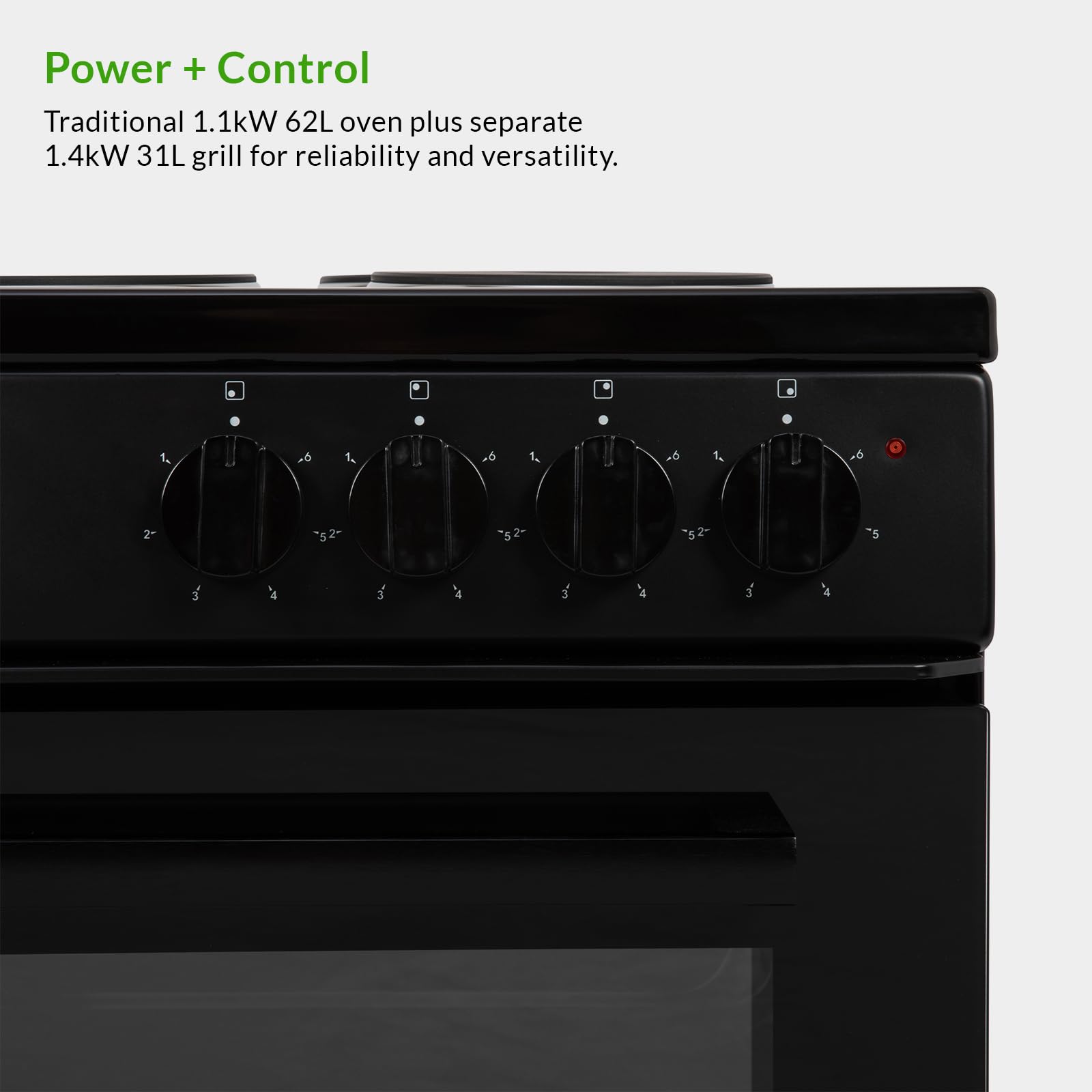Willow WE50TSB 62L Freestanding Electric Cooker, 50cm Wide Twin Cavity Cooker with Solid 4 Plate Hob, 31L Capacity Grill Cavity, 2 Year Warranty - Black — view 6