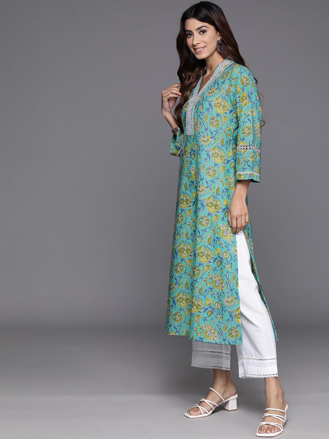 Varanga Women Sea Green Floral Printed V-Neck Straight Kurta  Elegant & Comfortable For Casual Wear (Large)