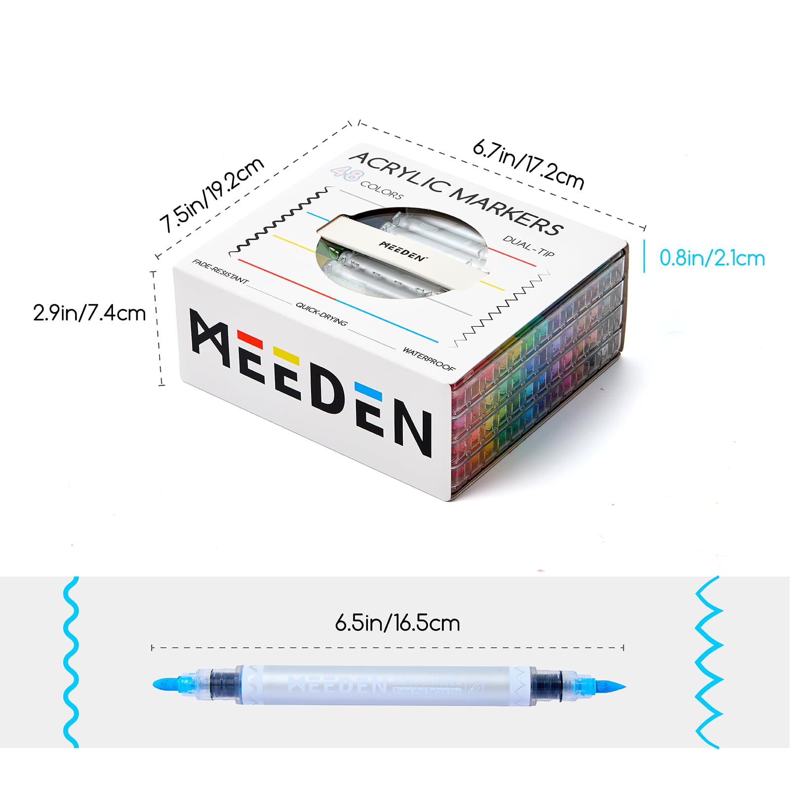 MEEDEN Lot de 48 marqueurs acryliques à pointe fine et pinceau avec contrôle automatique de la couleur pour les fournitures d'art - Stylo de peinture à double pointe à séchage rapide pour peinture sur