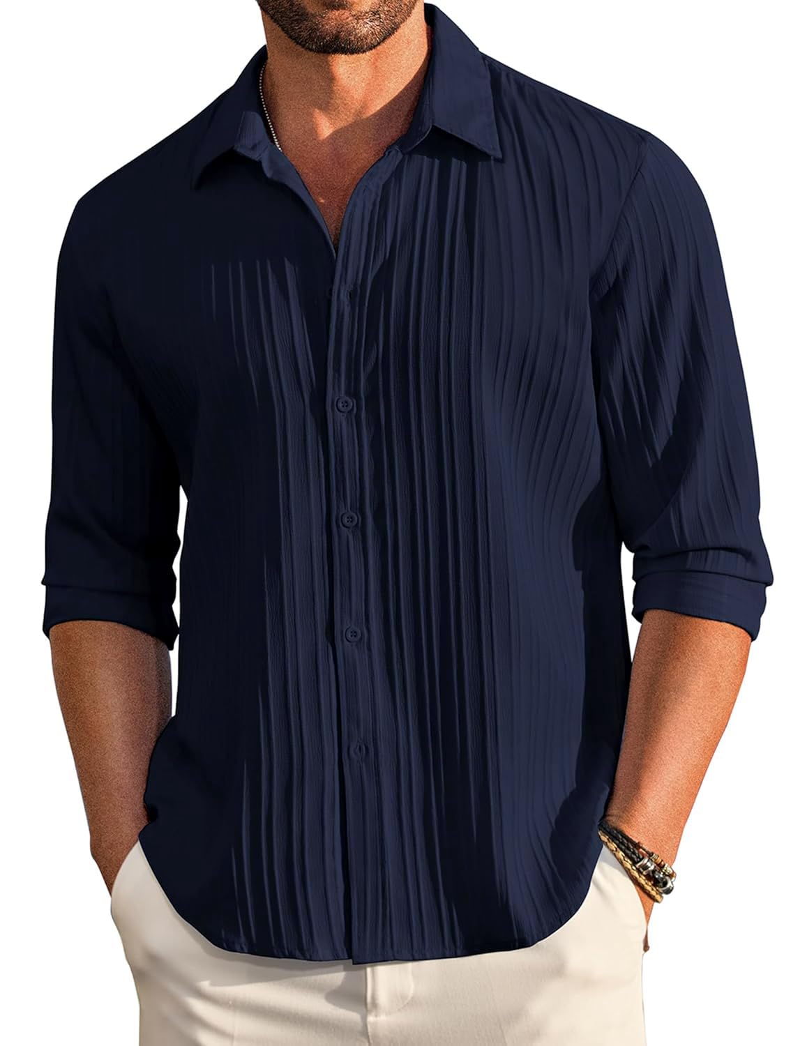 GRADUAL Men's Casual Button Down Stylish Shirts Long Sleeve Linen Shirt Fashion Textured Beach Summer Shirt for Men Fancy (Available in Plus Size) (in, Alpha, M, Regular, Navy Blue)