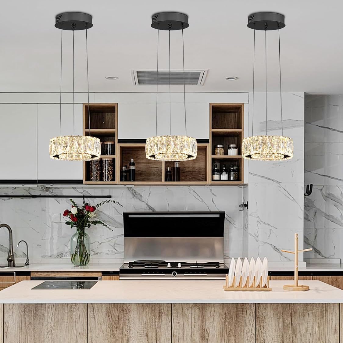 Modern LED Dimmable Crystal Chandelier 8" Ring Black Pendant Light Fixtures for Kitchen Island Dining Room Living Room