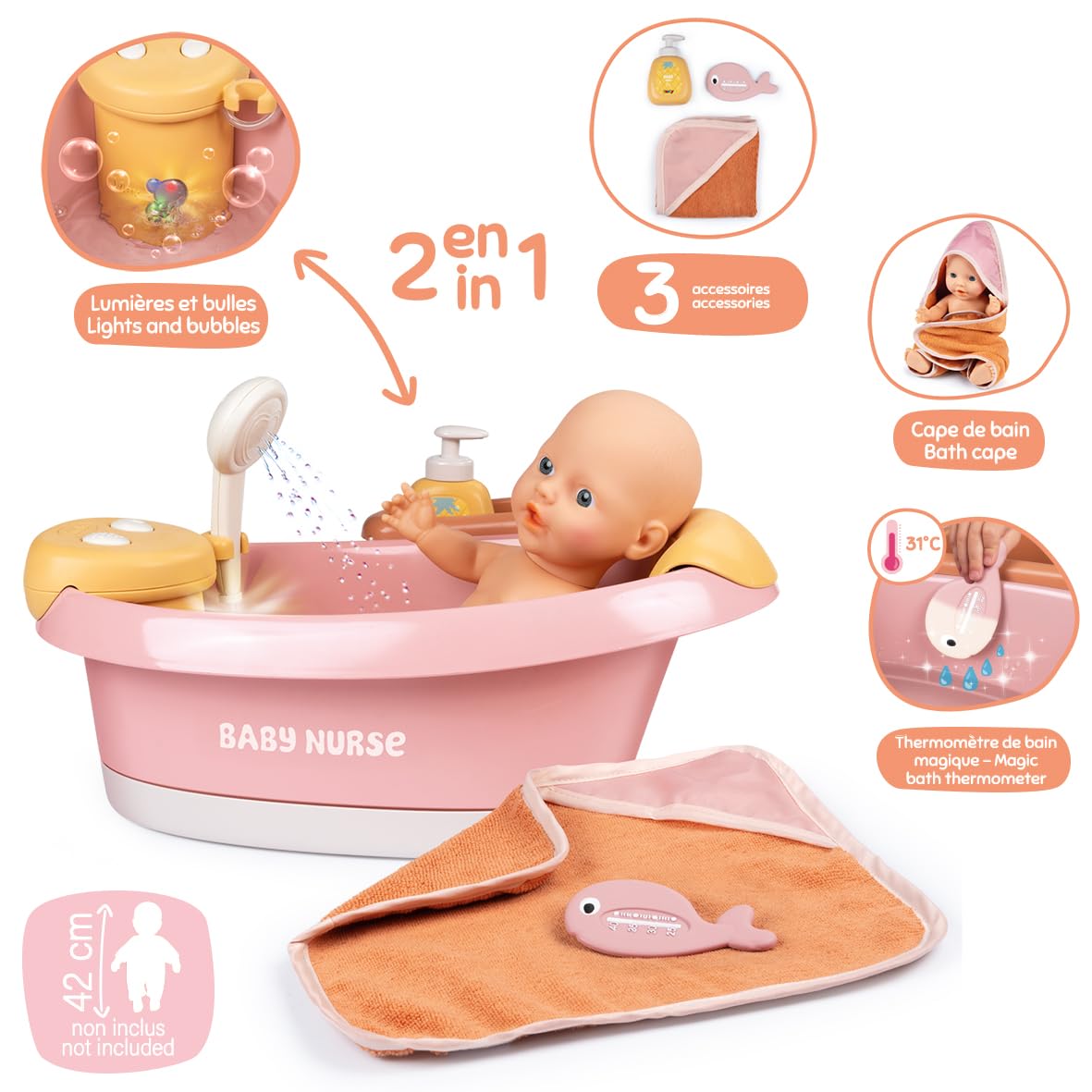 Smoby Baby Nurse Baignoire Balnéo pour Poupons 42 cm Module Electronique Jets d'eau Bulles Lumières LED Accessoires Jeux