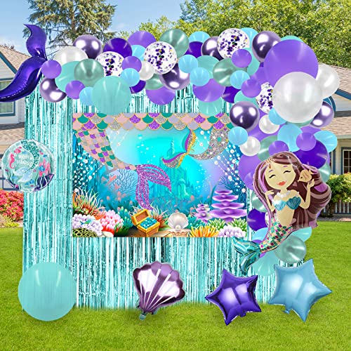 Image of PARTY SPOT!112 PCS Little Mermaid Party Decorations,Girls Mermaid Balloon Garland with Background Cloth,Tablecloth Mermaid Tail Balloon,Tassel Curtain Birthday Decorations