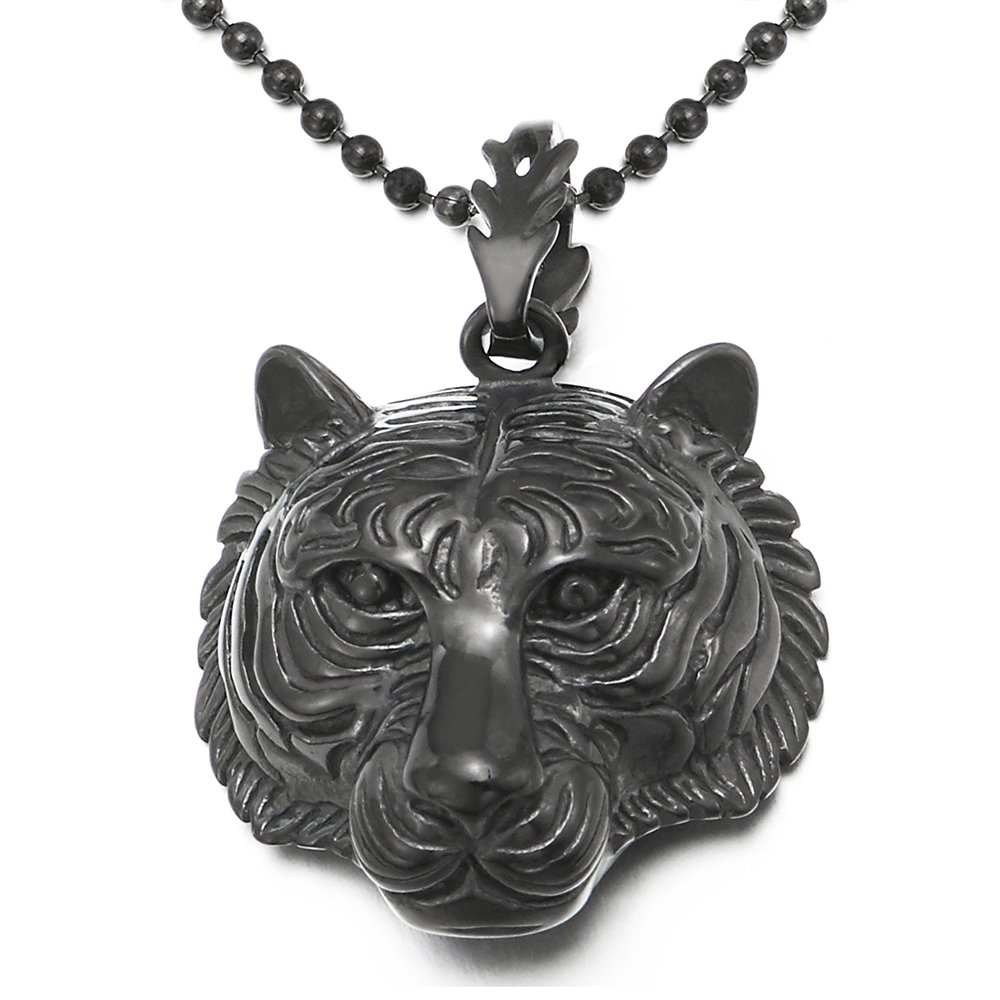 COOLSTEELANDBEYOND Tigre Cabeza Collar con Colgante de Hombre Mjuer, Acero Inoxidable, Bola Cadena 75CM
