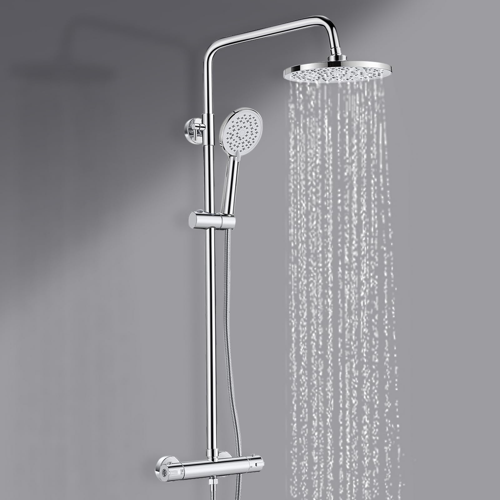 Thermostatic Shower Mixer Set, Bevankly Round Shower System, Thermostatic Shower Bar Set with Rainfall Shower, 3 Jet HandheldShower, Adjustable Height 80-117cm, Chrome