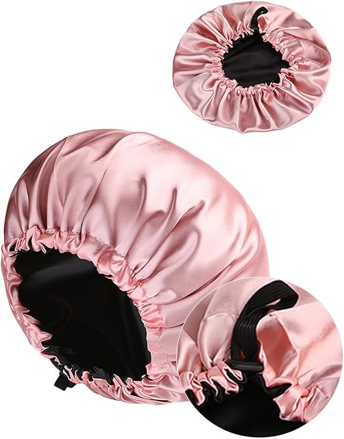 MUFEKUM Hair Bonnet for Sleeping, Large Adjustable Double Sided Satin Bonnet, Silk Bonnet for Women Girls Mens Hair Care, Bonnet Sleep Cap for Curly Hair Black Hair (Pink)