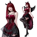 [JUNDOMECY] 魔女 デビル コスプレ 小悪魔 セクシー 6点セット 羽 パニエ 黒 赤 悪魔 吸血鬼 ハロウィン 衣装 大人 レディース 可愛い 大きいサイズ 角 ワンピース エルフの耳 ニーソックス付き イベント 仮装パーティー (赤, S)