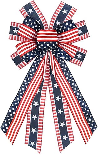 ABTOLS Lazos patrióticos grandes para corona para puerta delantera, 4 de julio, rojo, azul, blanco, estrellas y rayas para corona, lazos patrióticos