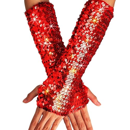 GEMILY Sequin New Year Fingerless Gloves Long Glitter Fashion Arm Sleeves for Women (F-Red)