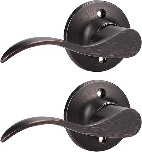 GOBEKOR Paquete de 2 manijas de puerta simuladas de bronce aceitado para zurdos, manijas de puerta onduladas, cerradura sin giro, manijas de puerta