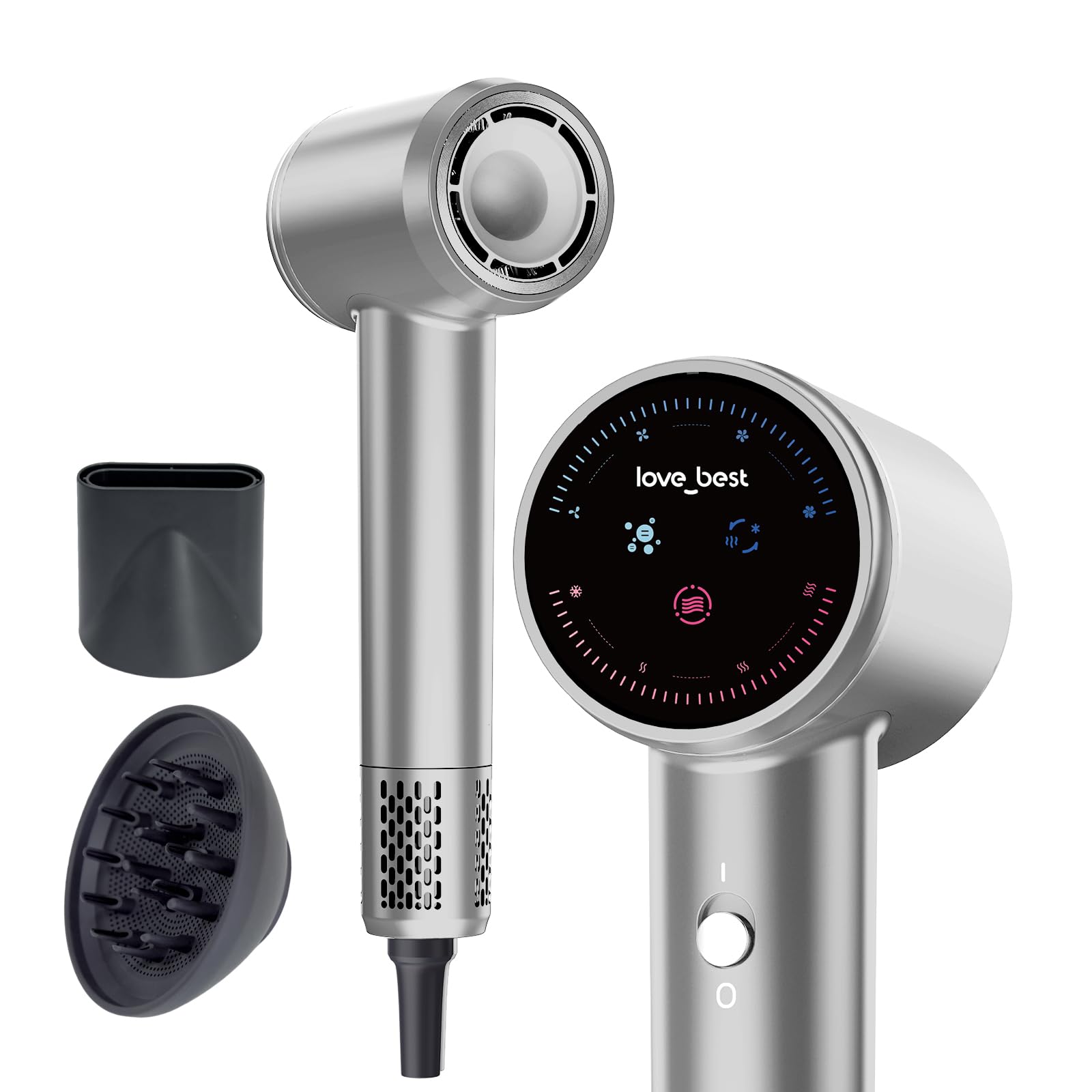 LCD Touch Screen High Speed Hair Dryer,1300 Million Plasma ions Blow Dryer with Diffuser，1 Minute Fast Drying Hair Dryer with 110,000 RPM Low Noise Brushless High Speed Motor(Leading 160000 RPM motor among competitors) Screen Touch Pad Control,for Travel and Daily Use，Silver Grey