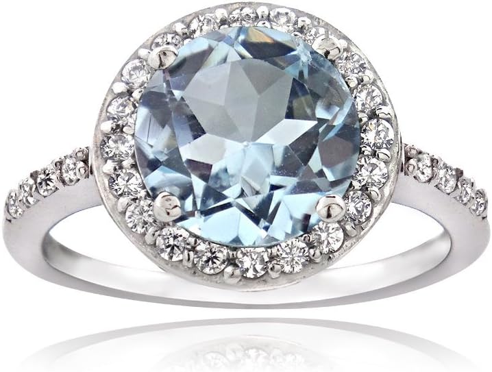 Ice Gems Sterling Silver Blue Topaz and Cubic Zirconia Round Halo Ring