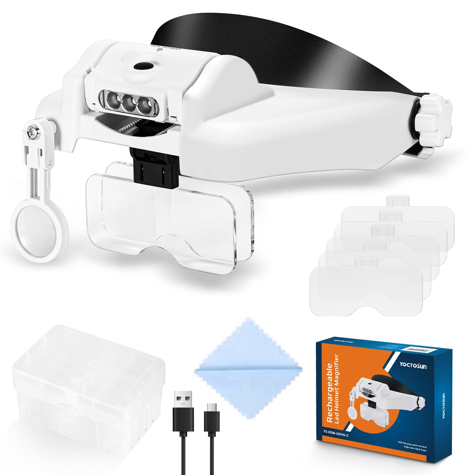 YOCTOSUN LED Headband Magnifier, Rechargeable Illuminated Magnifying Visor -1X to 14X Zoom, Hands Free Head Mounted Magnifying Glasses with Lights for Close Work, Sewing, Crafts, Jewelry, Watch Repair