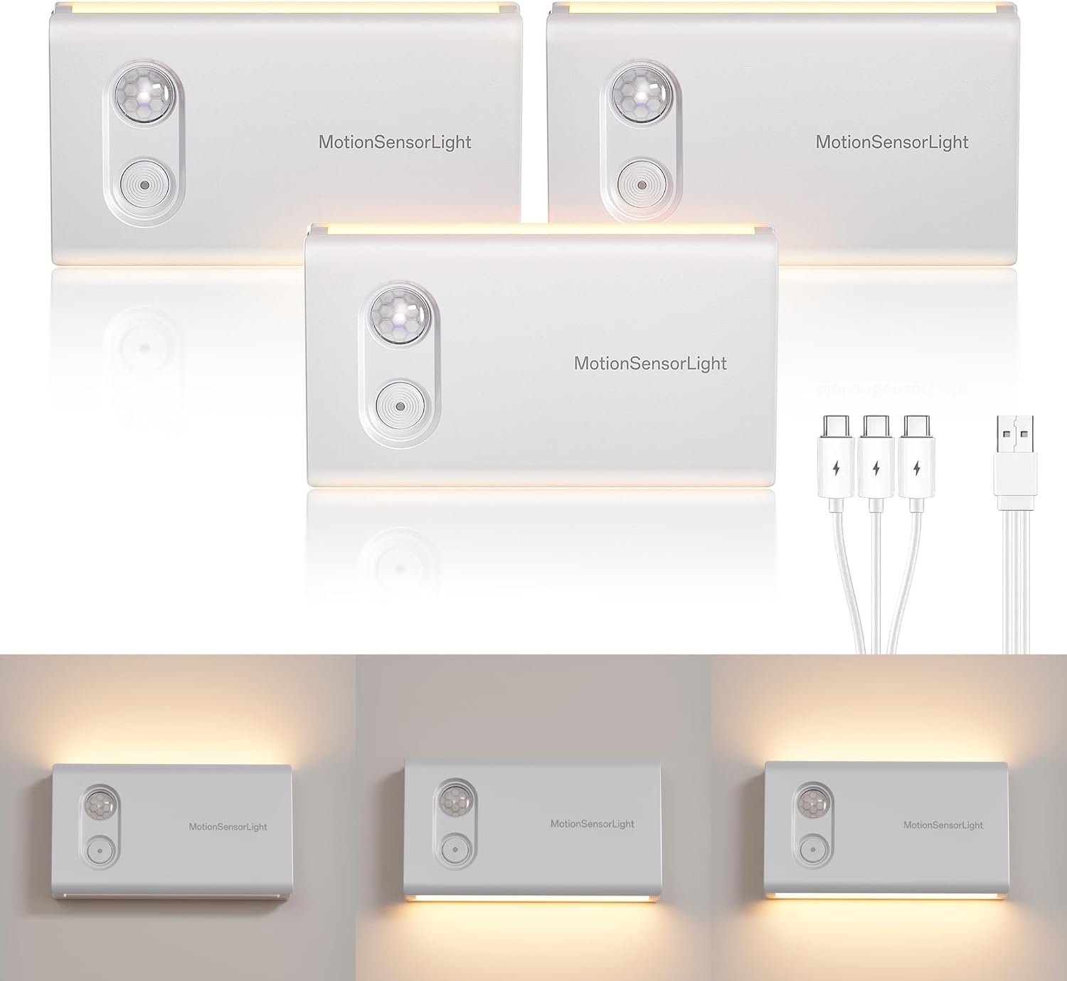 Rechargeable Motion Sensor Light Indoor, Dimmable Warm White LED Night Light, Magnetic, Adjustable Emission Direction for Hallway, Stair, Toilet, and Under Cabinet Lighting, (3 Pack)