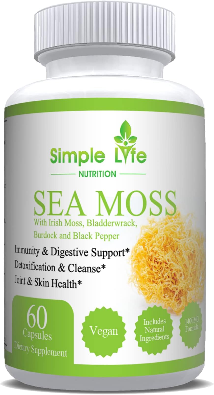 Organic Irish Sea Moss 1400MG Capsules- Burdock Root and Bladderwrack Natural Blend - Immune System Gut Cleanse & Thyroid Supplement Powder Capsules - Skin and Nail Health- 60CT