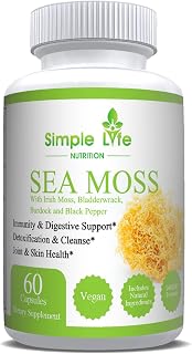 Organic Irish Sea Moss Capsules 1400MG - Advanced with Burdock Root, Bladderwrack & Black Pepper - Immune System, Gut & Thyroid Cleanser Sea Moss Gel Powder Supplement - 60CT