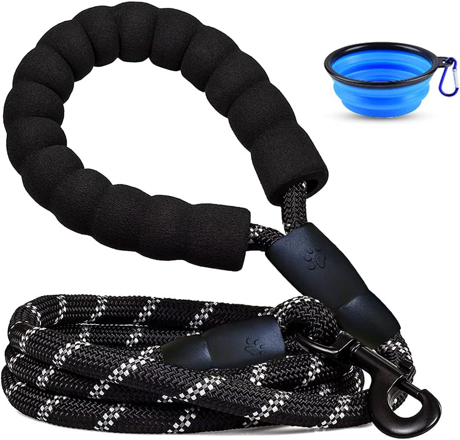 M&J Strong Dog Leash - Soft Padded Handle Dog Leash With Reflective Threads Nylon Durable Safety for Small, Medium and Large Dogs (Random color of bowl) (Black 1)