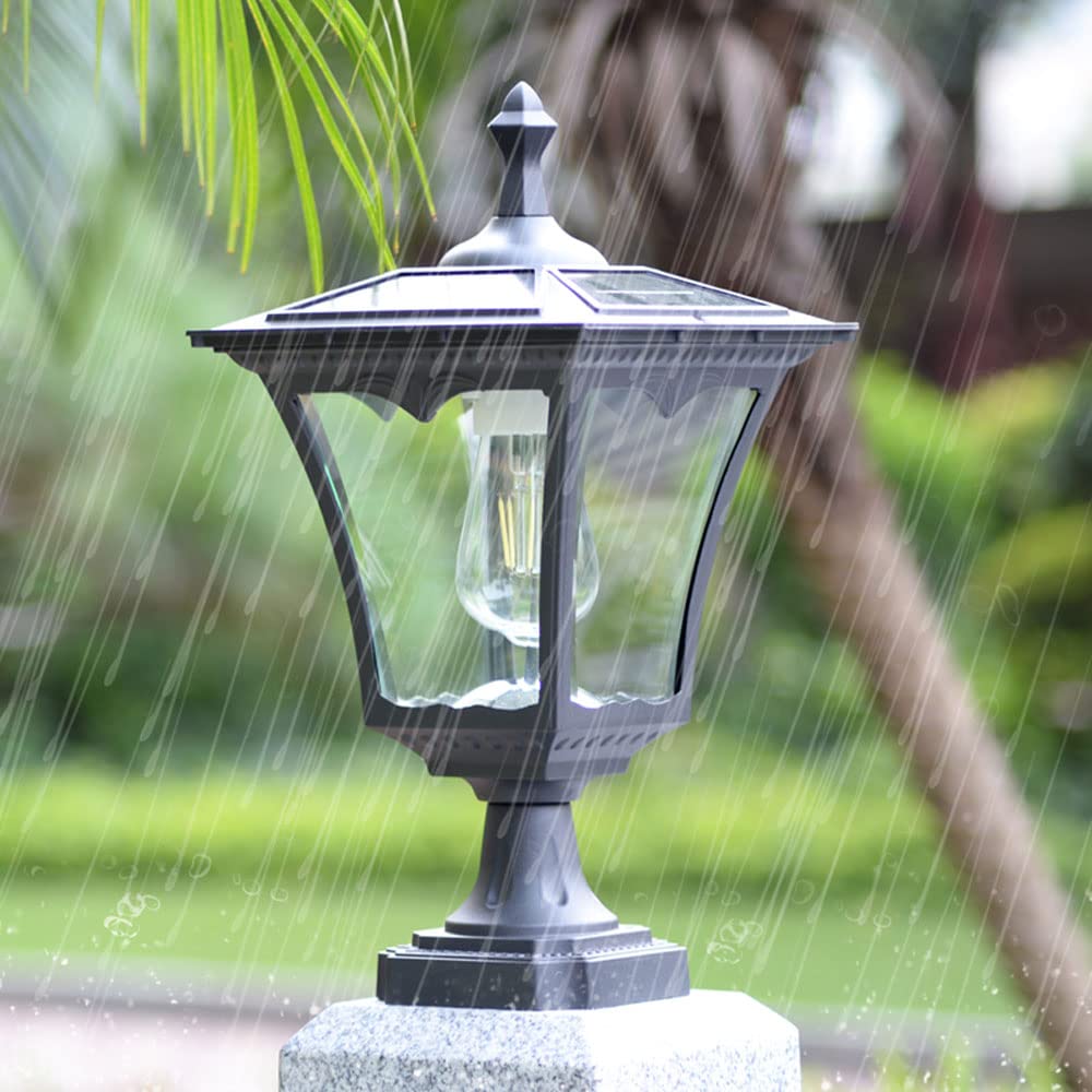 Solarna lampa słupkowa 16,5" z zewnętrzną osłoną słupka z podstawą montażową na molo, wodoodporny filar w prostym stylu europejskim, przezroczysty szklany abażur, lampion