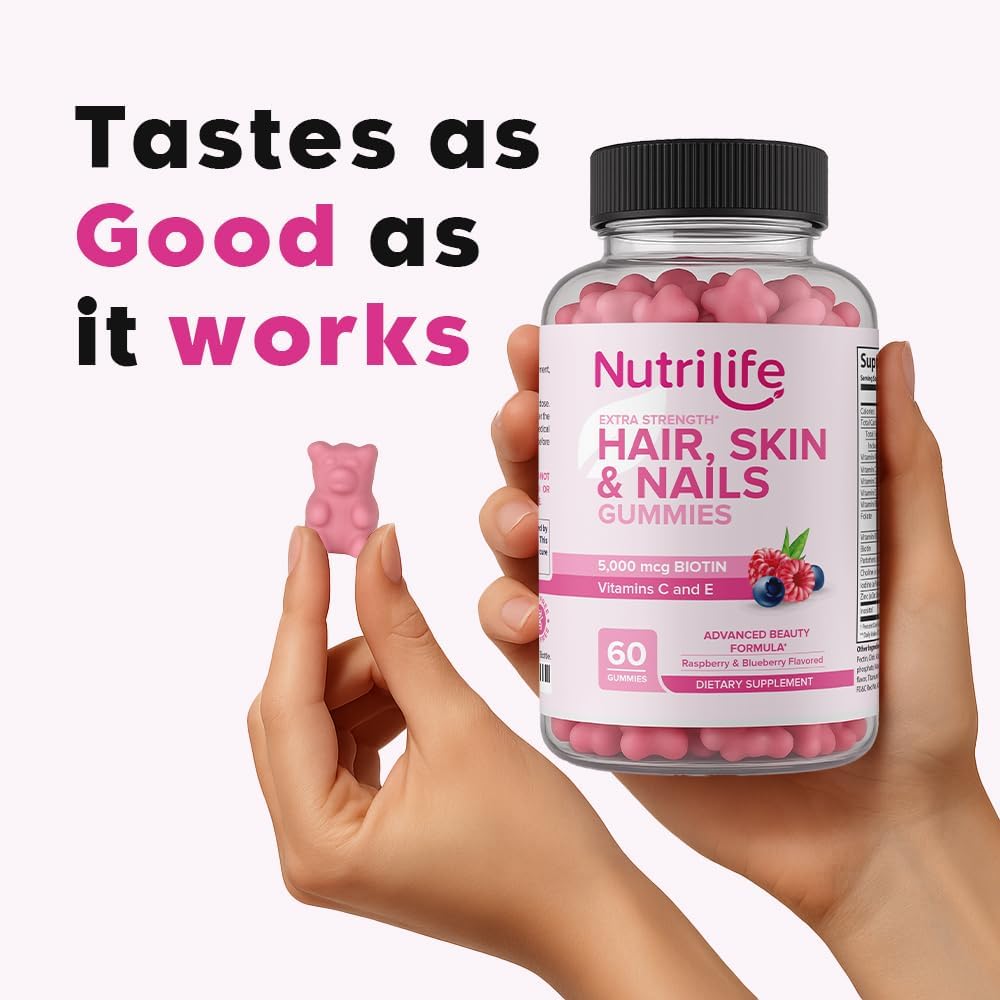 Advanced Hair, Skin & Nails Gummies – Biotin with Vitamin C & E – Vegan Beauty Support – Promotes Hair Growth, Strong Nails & Radiant Skin – Non-GMO, Gluten-Free, Made in USA - Image 8