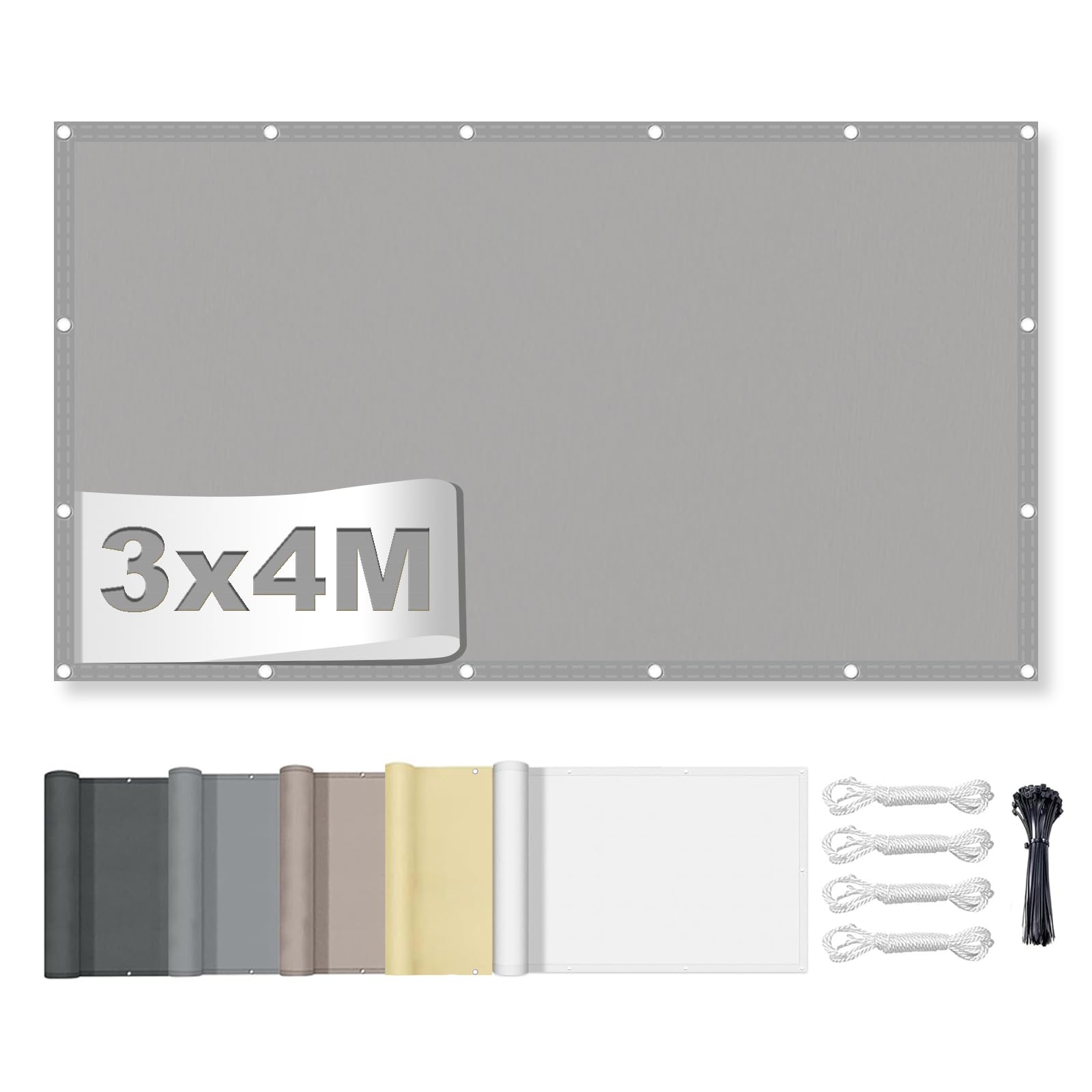 Sonnensegel Wasserdicht Rechteckig 3x4M, ohne Bohren,Sonnenschutz Terrasse UV-Schutz, wetterfest, 100% Polyester Schattierungsnetz mit Ösen und Seil für Pergola, Hellgrau
