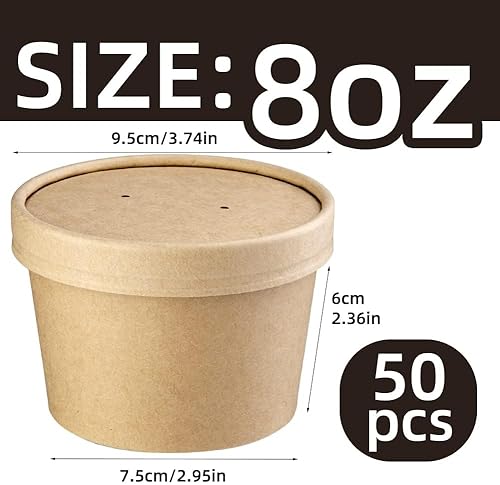 Miniatura 2 de Paquete de 50 tazas de sopa de papel desechables de 8 onzas con tapas, recipientes de sopa de papel desechables, vasos de papel kraft para alimentos