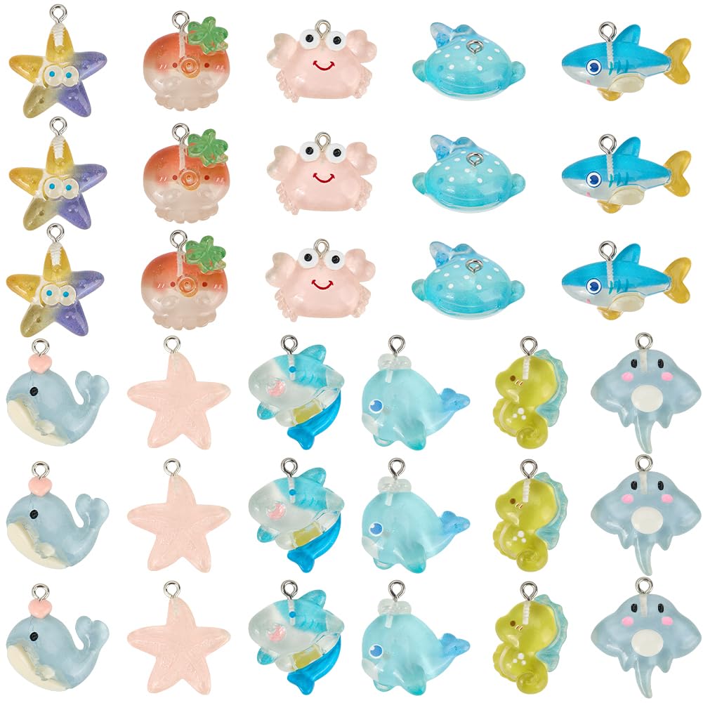 SUNNYCLUE 1 Box 44Pcs 11 Styles Resin Ocean Animal Charms Sea Animal Charms Bulk Fish Starfish Seahorse Crab Beach Summer Animals Charm for Jewellery Making Charms Diy Earrings Necklaces Bracelets