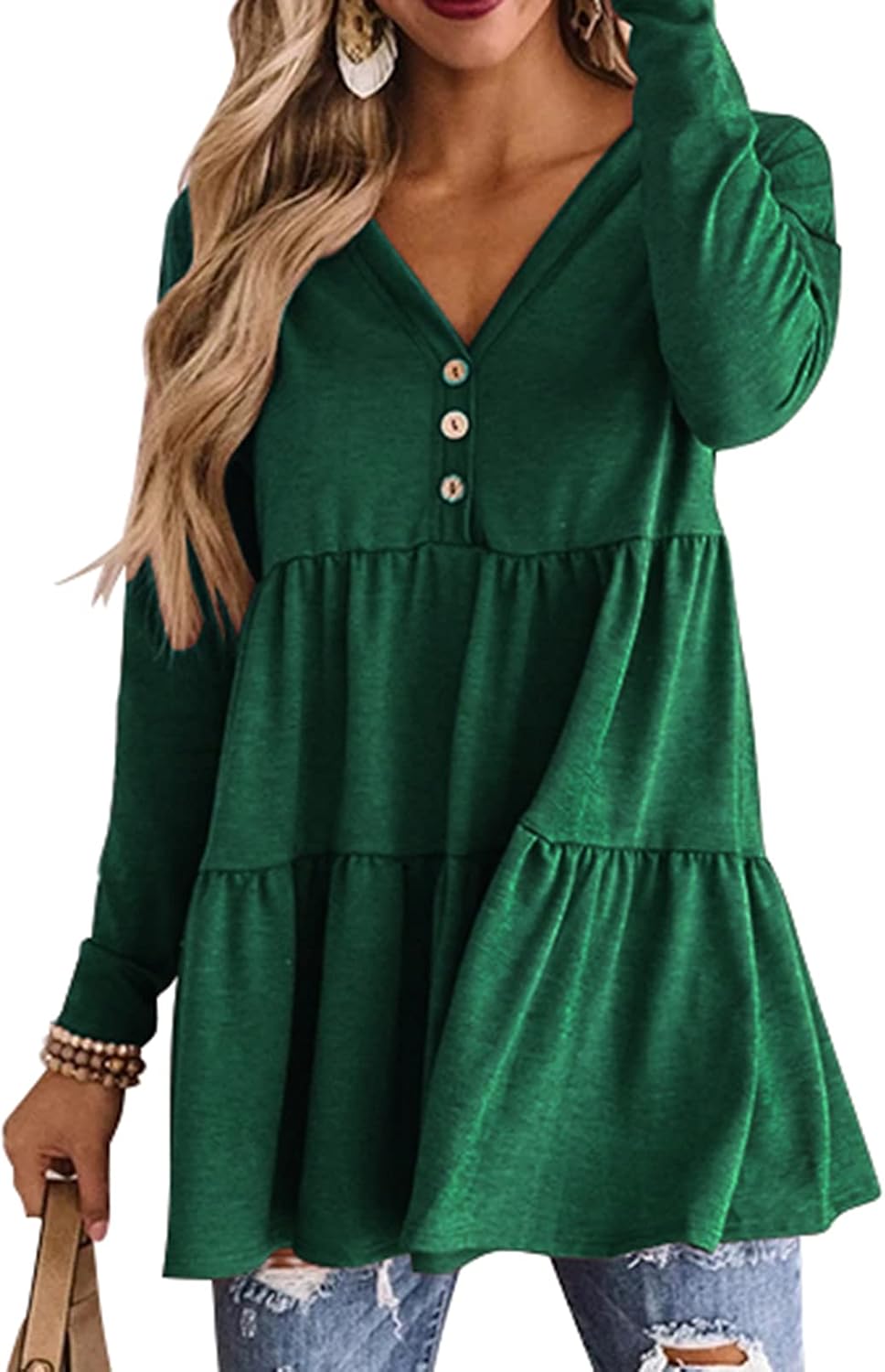 FeelinGirl Women's Long Sleeve V Neck Tops Button Up Ruffle Babydoll Tunic Tops Green