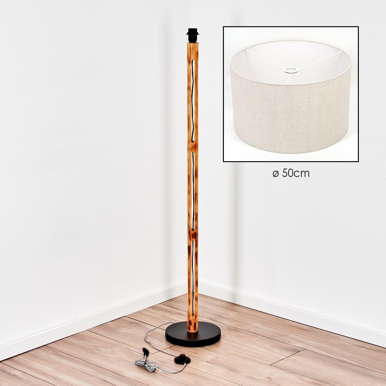 HOFSTEIN Stehleuchte Flemming, Stehlampe aus Holz im modernen Boho-Design, Schirm aus Stoff, Ø 50 cm, 158 cm, E27, mit Fußschalter - Wohnzimmer, Schlafzimmer, Esszimmer, Flur