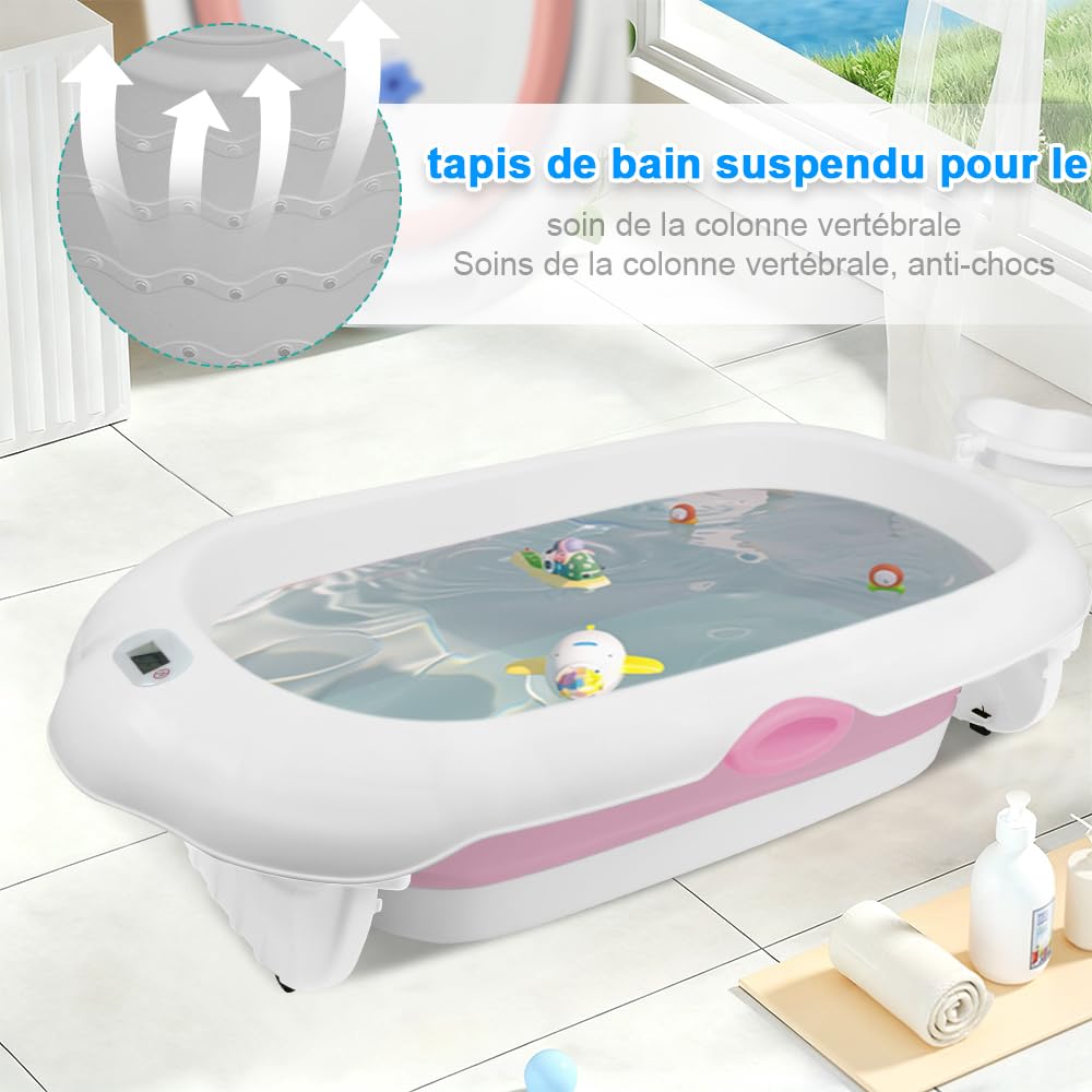 Homewell - Bañera para bebé plegable con cojín de baño para bebé y termómetro integrado, viaje, cuenca para bebé, bañera infantil, regalo de nacimiento, 97 x 52 x 24 cm (rosa)