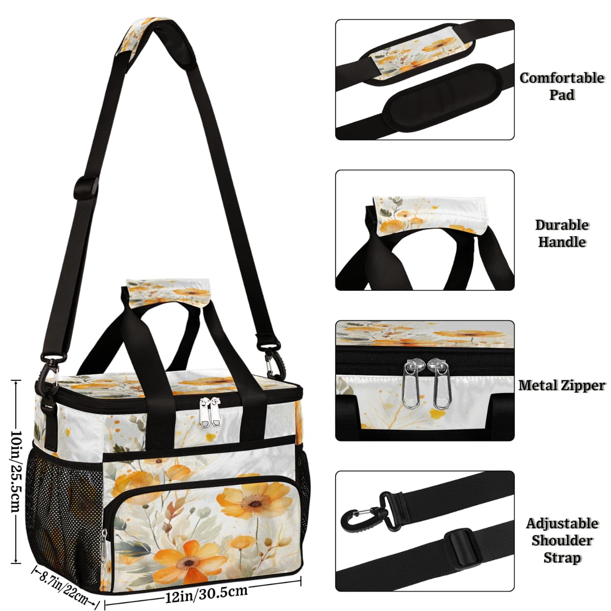 Flowers Insulated Picnic Backpack Lunch Box for Women Men Picnic Basket Tote Lunch Bag Picnic Bag Portable Lunch Bags for Picnic, Beach, Work, Trip,Office, Camp Yellow Floral