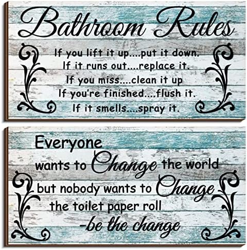 2 Pieces Bathroom Wall Decor Bathroom Rules Flower Wall Art Funny Ocean Beach Bathroom Signs Rustic Bathroom Wooden Signs Farmhouse Toilet Wall Decor (Chic Style)