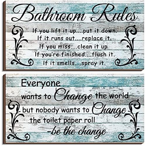 Jetec 2 Pcs Funny Teal Bathroom Wall Decor Wooden Sign 12 x 6 Inch Rustic