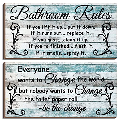 Jetec 2 Pcs Funny Teal Bathroom Wall Decor Wooden Sign 12 x…