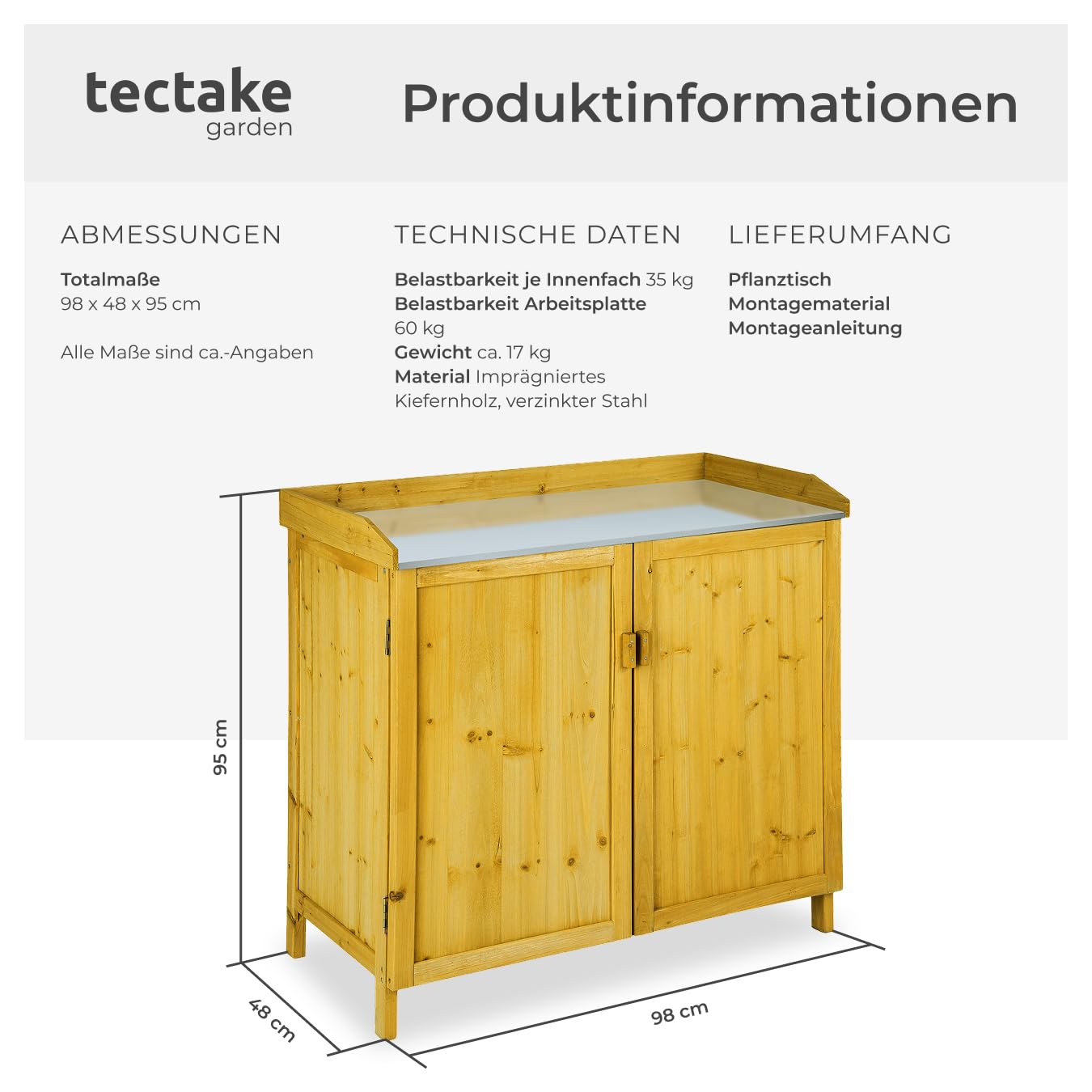 tectake® Pflanztisch Outdoor, Balkontisch mit Unterschrank aus Holz, 98 x 48 x 95 cm, Gartenschrank, Balkonschrank mit verzinkter Arbeitsplatte, Aufbewahrungsschrank für Garten mit 2 Regalböden