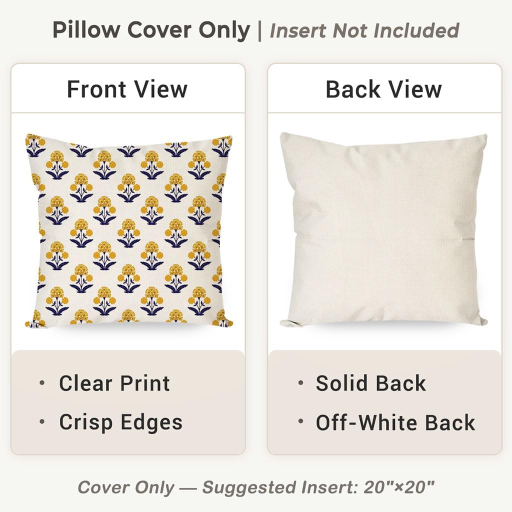 PANDICORN Block Print Throw Pillow Covers 20x20 Inch Set of 2 Yellow and Blue Vintage Boho Floral Outdoor Summer Decorations Decorative Throw Pillows Cases Covers for Home Living Room Couch Decor - Image 4