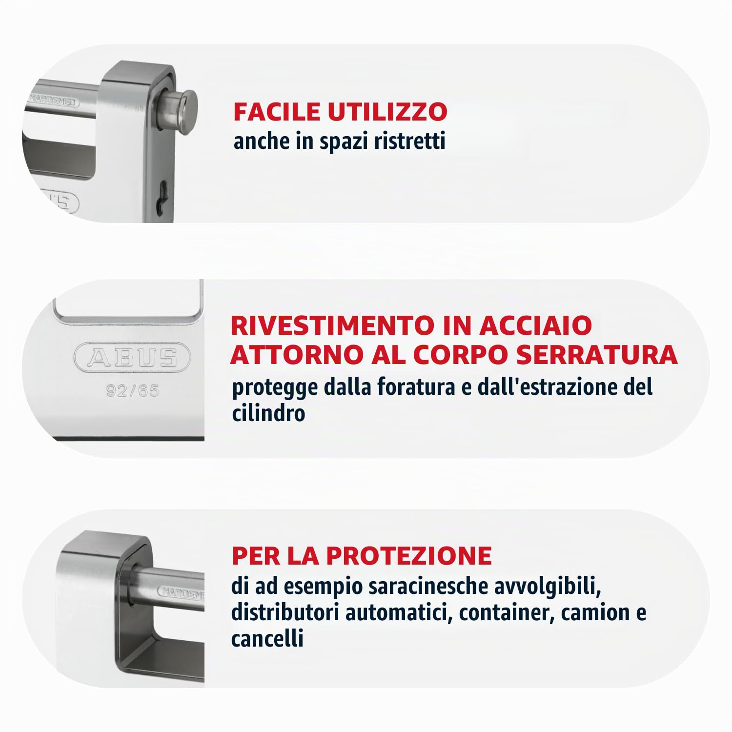 ABUS Lucchetto Monobloc 92/65 - Corpo in Ottone, Gancio in Acciaio | Livello di sicurezza 7, cilindro a spine anti-manipolazione - ideale per grate, cancelli e distributori automatici