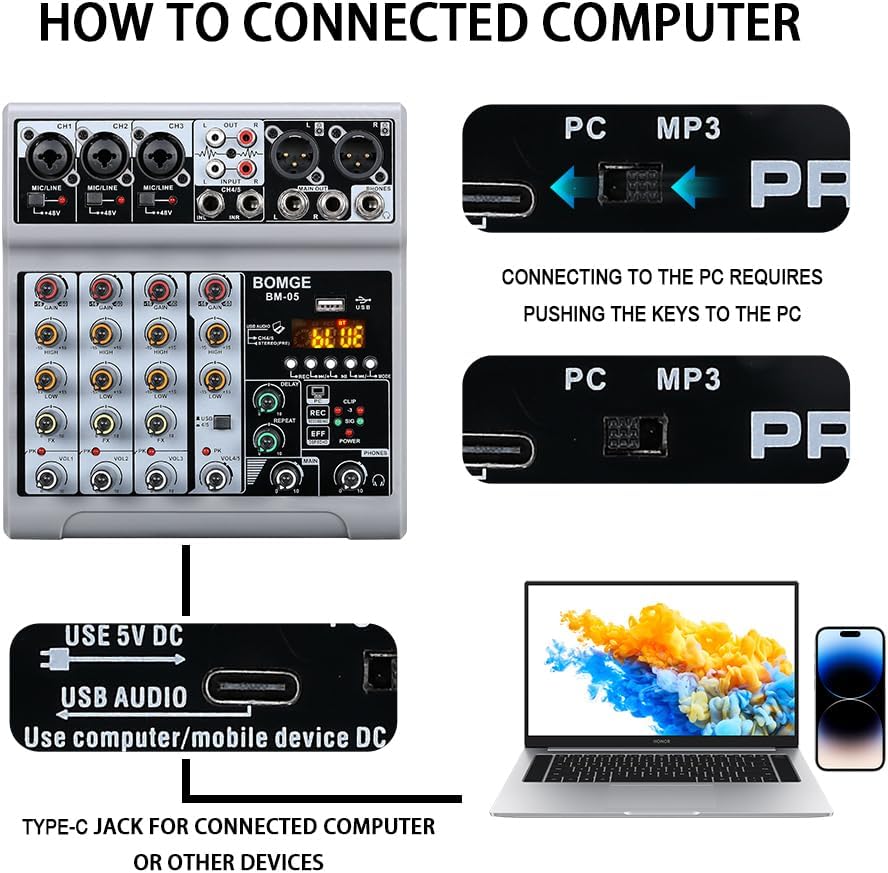 BOMGE Audio Mixer, Sound Board Mixing Console with 5 Channel Digital USB Bluetooth Echo Delay Effect, 48V Phantom Power Stereo DJ Mixers for Recording, Live Streaming, Podcasting (BM-05 5 canales)