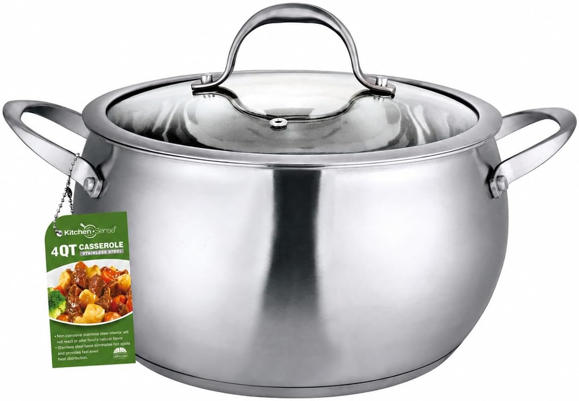 American Dream 4QT Stainless Steel Casserole Pot with Tempered Glass Lid