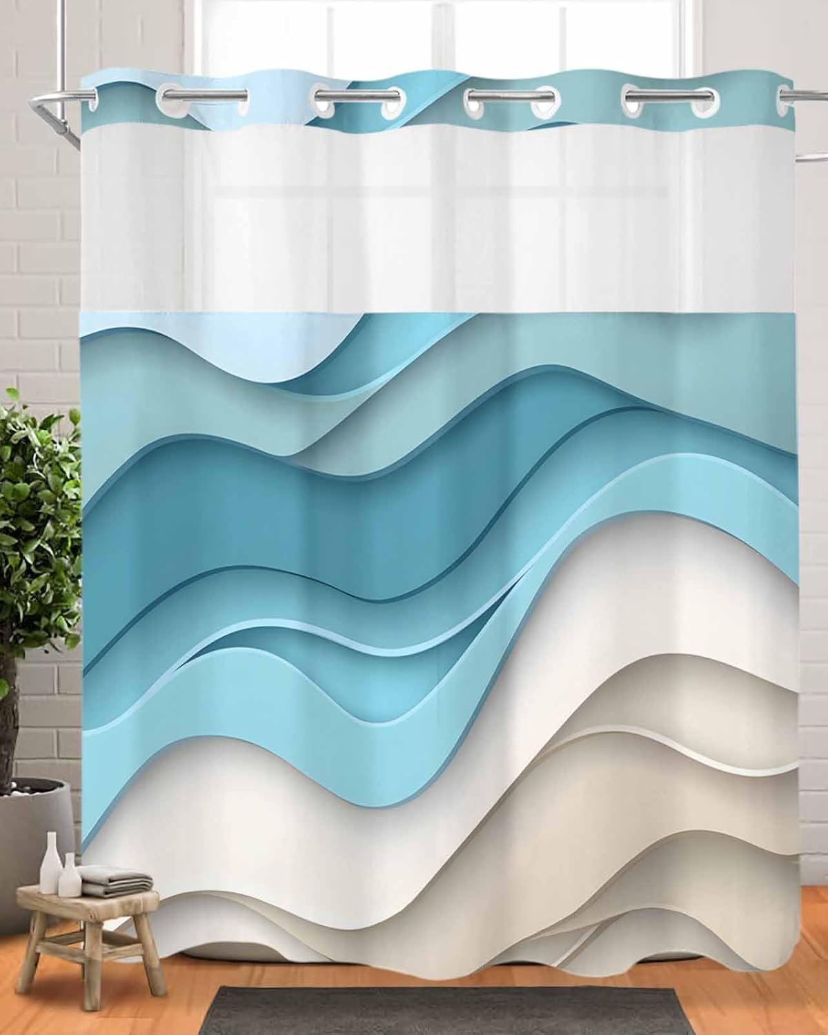 Turquoise Ombre No Hook Shower Curtain with Snap in Liner Teal Brown Gradient Abstract Geometric Shower Curtain for Bathroom, Fabric Waterproof Inner Liner, Hotel Style with Mesh Top Window, 72x72