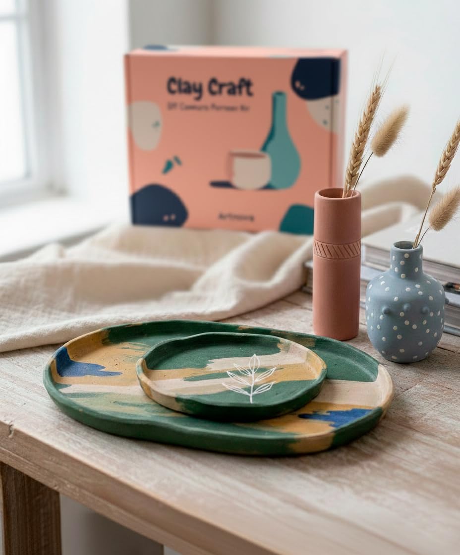 Artnova Keramik-Set: Lufttrocknender Ton, Acrylfarben, Pinsel & Schnellstartanleitung für kreative Familienunterhaltung & DIY-Projekte