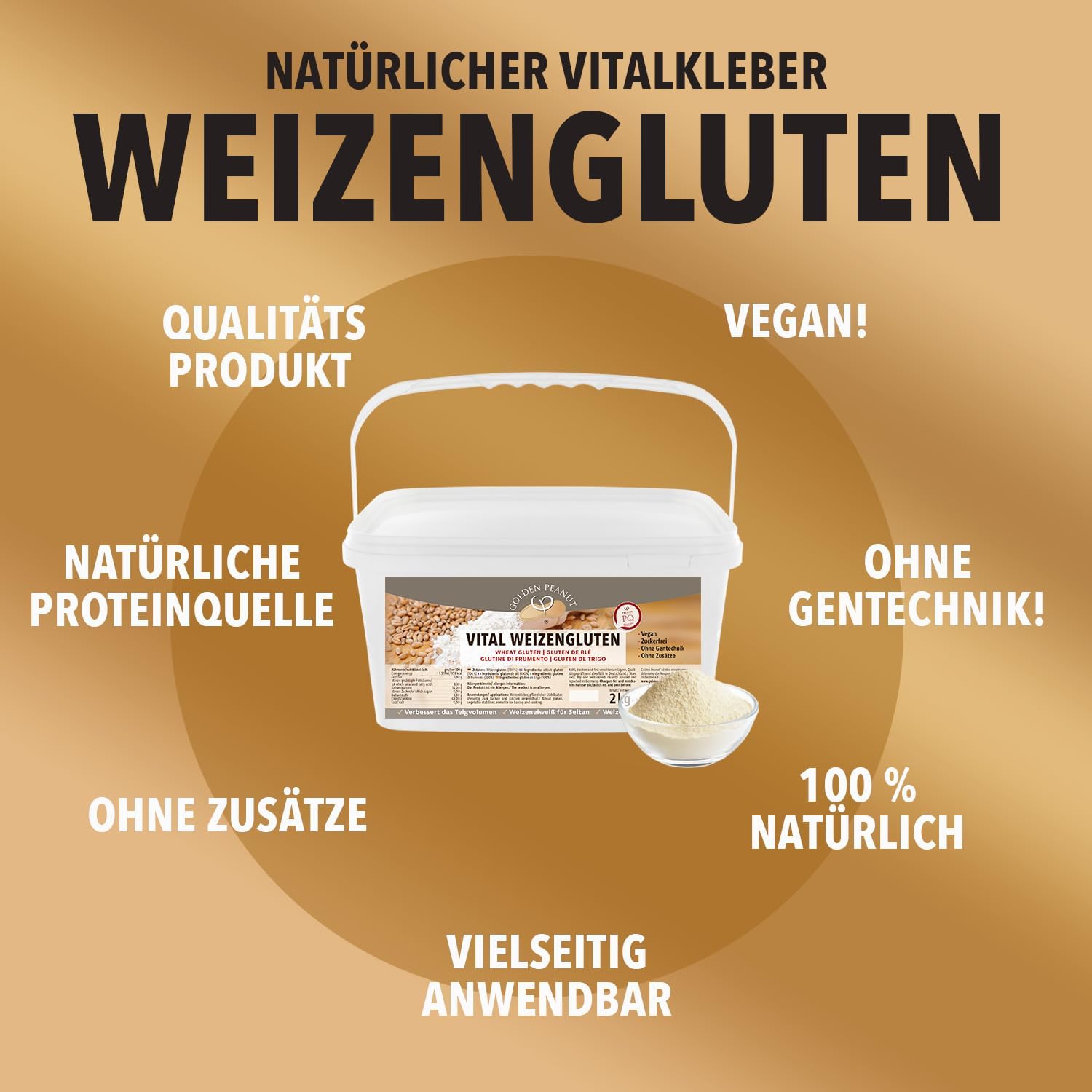GOLDEN PEANUT Vital gluten pszenny, 2 kg, naturalny środek zagęszczający, czysto roślinny, białko pszenicy, seitan, niskokaloryczna skrobia spożywcza, pieczenie, gotowanie