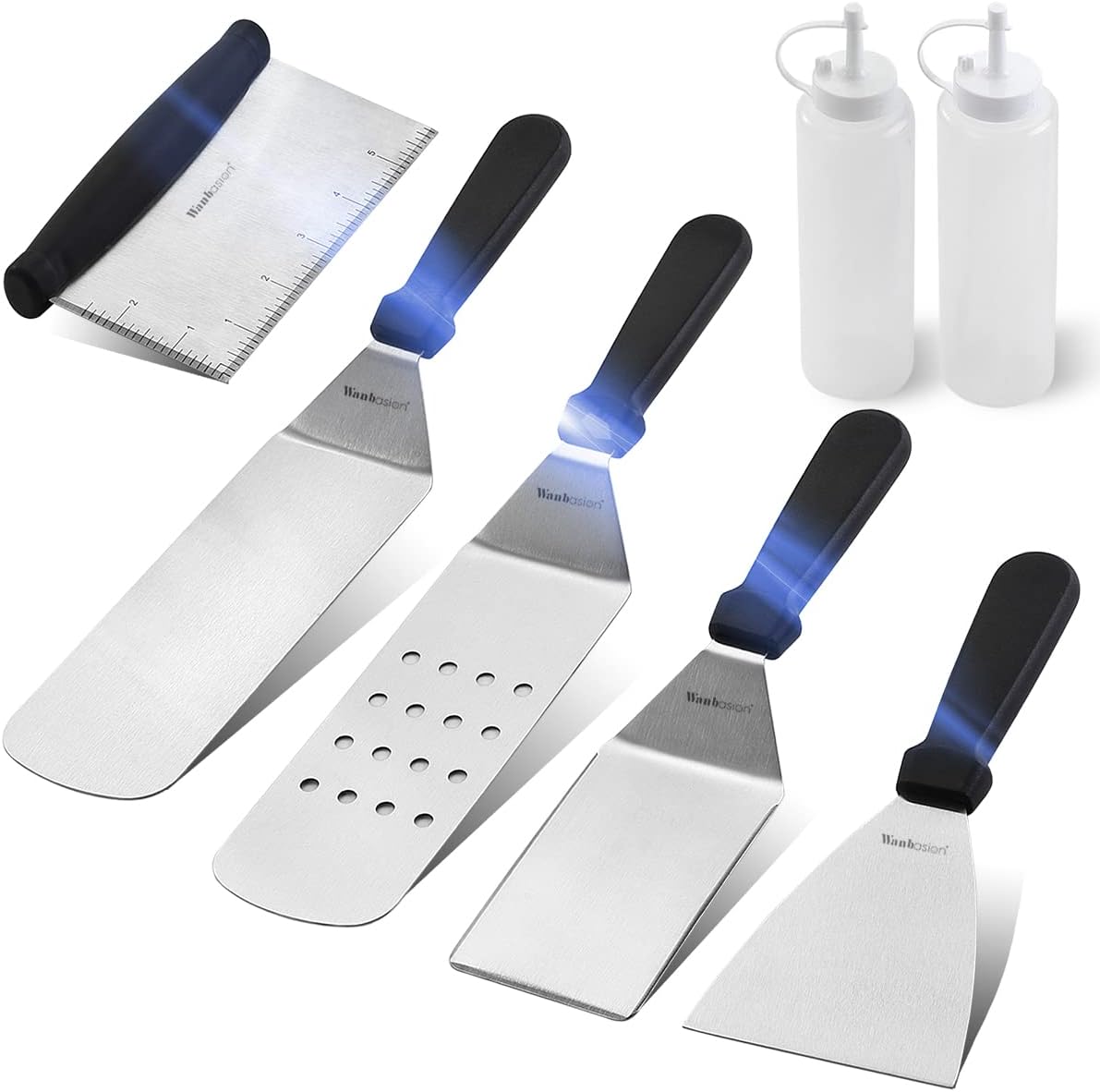 Wanbasion 7 Piece BBQ Griddle Accessories Kit, Flat Top Griddle Accessories, Griddle Tools Spatulas Set with Griddle Spatula Flipper Scraper Bottles for Outdoor Camping