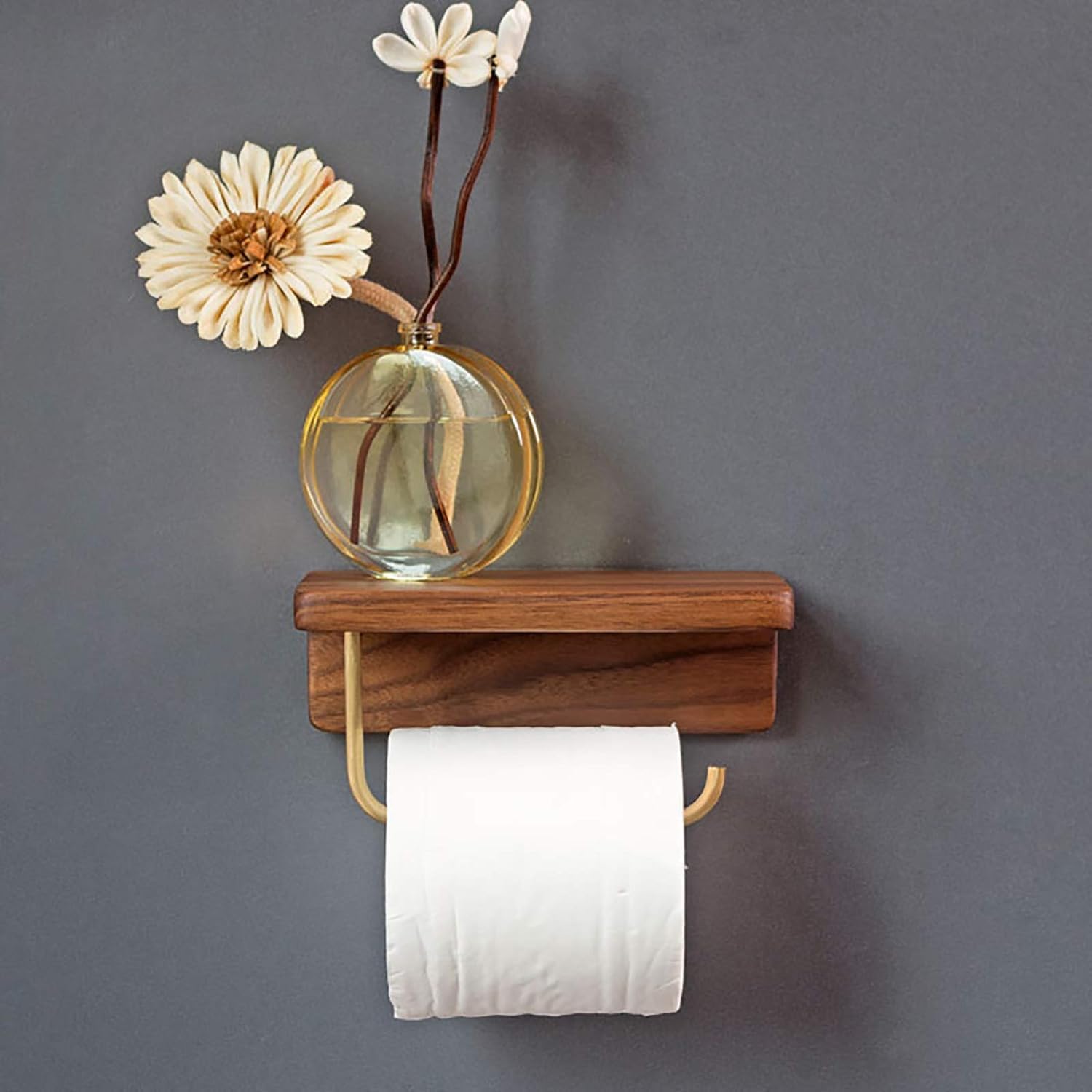 Portarrollos de papel higiénico adhesivo de nogal negro para montaje en pared, sin perforaciones, latón para baño y cocina