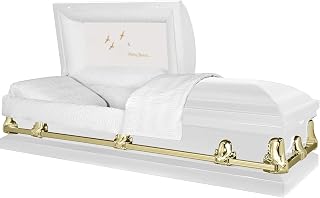 Titan Casket Orion Panel Collection (White & Gold, Going Home) Handcrafted Funeral Casket - White & Gold with White Crepe Interior & 'Going Home' Head Panel