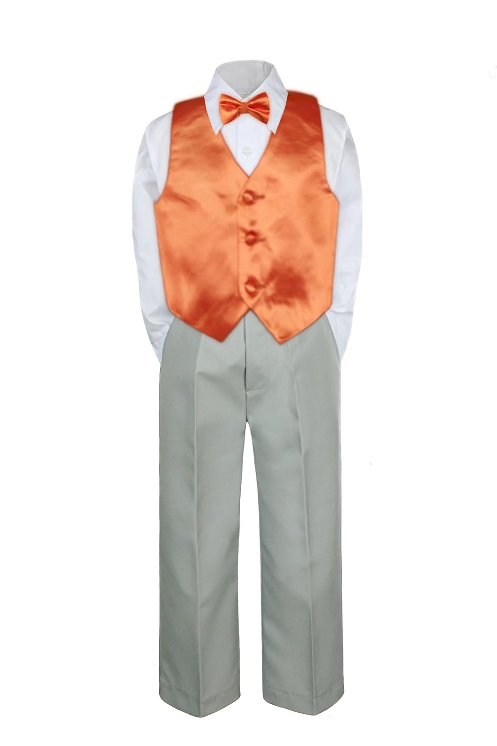 4pc Formal Baby Toddler Boy Orange Vest Bow Tie Silver Pants Suits S-7 (L:(12-18 months))